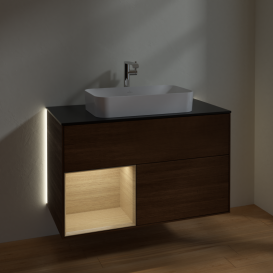 Тумба под раковину Villeroy & Boch Finion 100х50,1 см с подсветкой МДФ шпон грецкого ореха/стекло черное матовое G242PCGN