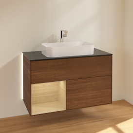 Тумба под раковину Villeroy & Boch Finion 100х50,1 см с подсветкой МДФ шпон грецкого ореха/стекло черное матовое G242PCGN