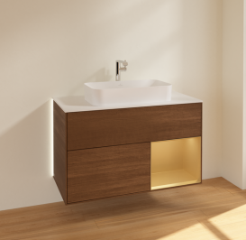 Тумба под раковину Villeroy & Boch Finion 100х50,1 см с подсветкой МДФ шпон грецкого ореха/стекло белое матовое G251HFGN