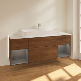 Тумба под раковину Villeroy & Boch Finion 160х50,1 см с подсветкой МДФ шпон грецкого ореха/стекло белое матовое G211GKGN