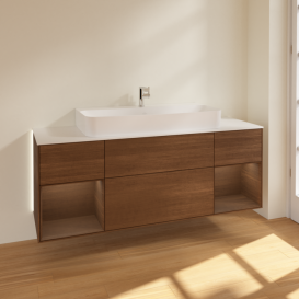 Тумба под раковину Villeroy & Boch Finion 160х50,1 см с подсветкой МДФ шпон грецкого ореха/стекло белое матовое G211GNGN