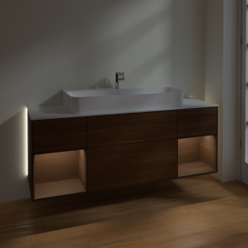 Тумба под раковину Villeroy & Boch Finion 160х50,1 см с подсветкой МДФ шпон грецкого ореха/стекло белое матовое G211GNGN