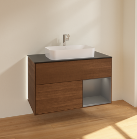 Тумба под раковину Villeroy & Boch Finion 100х50,1 см с подсветкой МДФ шпон грецкого ореха/стекло черное матовое G252GKGN