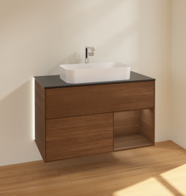 Тумба під раковину Villeroy & Boch Finion 100х50,1 см із підсвічуванням МДФ шпон волоського горіха/скло чорне матове G252GNGN