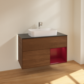 Тумба під раковину Villeroy & Boch Finion 100х50,1 см із підсвічуванням МДФ шпон волоського горіха/скло чорне матове G252HBGN