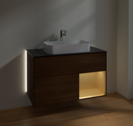 Тумба под раковину Villeroy & Boch Finion 100х50,1 см с подсветкой МДФ шпон грецкого ореха/стекло черное матовое G252HFGN