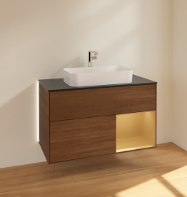 Тумба под раковину Villeroy & Boch Finion 100х50,1 см с подсветкой МДФ шпон грецкого ореха/стекло черное матовое G252HFGN