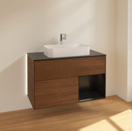 Тумба под раковину Villeroy & Boch Finion 100х50,1 см с подсветкой МДФ шпон грецкого ореха/стекло черное матовое G252PDGN