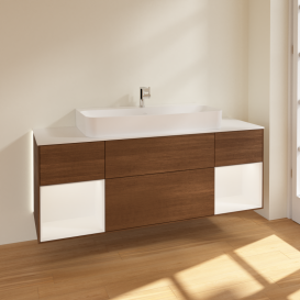 Тумба під раковину Villeroy & Boch Finion 160х50,1 см із підсвічуванням МДФ шпон волоського горіха/скло біле матове G211MTGN