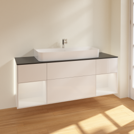 Тумба под раковину Villeroy & Boch Finion 160х50,1 см с подсветкой МДФ глянцевый белый лак/стекло черное матовое G212GFGF