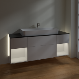 Тумба под раковину Villeroy & Boch Finion 160х50,1 см с подсветкой МДФ глянцевый белый лак/стекло черное матовое G212GFGF