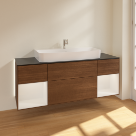 Тумба под раковину Villeroy & Boch Finion 160х50,1 см с подсветкой МДФ шпон грецкого ореха/стекло черное матовое G212GFGN