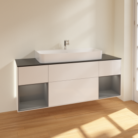 Тумба под раковину Villeroy & Boch Finion 160х50,1 см с подсветкой МДФ глянцевый белый лак/стекло черное матовое G212GKGF