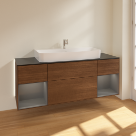 Тумба под раковину Villeroy & Boch Finion 160х50,1 см с подсветкой МДФ шпон грецкого ореха/стекло черное матовое G212GKGN