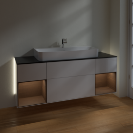 Тумба под раковину Villeroy & Boch Finion 160х50,1 см с подсветкой МДФ глянцевый белый лак/стекло черное матовое G212GNGF