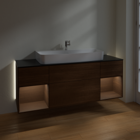 Тумба под раковину Villeroy & Boch Finion 160х50,1 см с подсветкой МДФ шпон грецкого ореха/стекло черное матовое G212GNGN