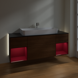 Тумба под раковину Villeroy & Boch Finion 160х50,1 см с подсветкой МДФ шпон грецкого ореха/стекло черное матовое G212HBGN