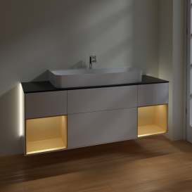 Тумба под раковину Villeroy & Boch Finion 160х50,1 см с подсветкой МДФ глянцевый белый лак/стекло черное матовое G212HFGF