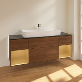 Тумба под раковину Villeroy & Boch Finion 160х50,1 см с подсветкой МДФ шпон грецкого ореха/стекло черное матовое G212HFGN