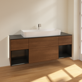 Тумба под раковину Villeroy & Boch Finion 160х50,1 см с подсветкой МДФ шпон грецкого ореха/стекло черное матовое G212PDGN