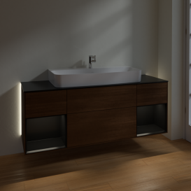 Тумба под раковину Villeroy & Boch Finion 160х50,1 см с подсветкой МДФ шпон грецкого ореха/стекло черное матовое G212PDGN