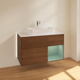  	Тумба под раковину Villeroy & Boch Finion 100х50,1 см с подсветкой МДФ шпон грецкого ореха/стекло белое матовое G251GMGN