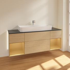 Тумба под раковину Villeroy & Boch Finion 160х50,1 см с подсветкой МДФ шпон дуба/стекло черное матовое G212HFPC