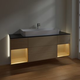 Тумба под раковину Villeroy & Boch Finion 160х50,1 см с подсветкой МДФ шпон дуба/стекло черное матовое G212HFPC