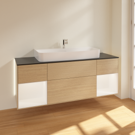 Тумба под раковину Villeroy & Boch Finion 160х50,1 см с подсветкой МДФ шпон дуба/стекло черное матовое G212MTPC