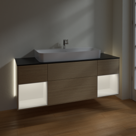 Тумба под раковину Villeroy & Boch Finion 160х50,1 см с подсветкой МДФ шпон дуба/стекло черное матовое G212MTPC