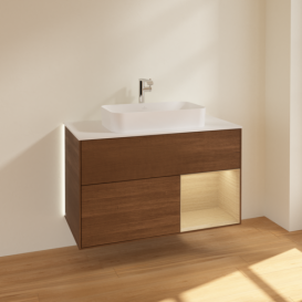 Тумба под раковину Villeroy & Boch Finion 100х50,1 см с подсветкой МДФ шпон грецкого ореха/стекло белое матовое G251PCGN