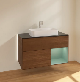 Тумба под раковину Villeroy & Boch Finion 100х50,1 см с подсветкой МДФ шпон грецкого ореха/стекло черное матовое G252GMGN