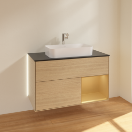 Тумба під раковину Villeroy & Boch Finion 100х50,1 см із підсвічуванням МДФ шпон дуба/скло чорне матове G252HFPC