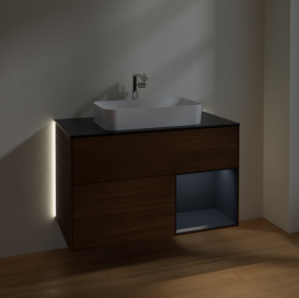 Тумба под раковину Villeroy & Boch Finion 100х50,1 см с подсветкой МДФ шпон грецкого ореха/стекло черное матовое G252HGGN