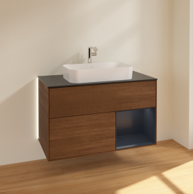 Тумба под раковину Villeroy & Boch Finion 100х50,1 см с подсветкой МДФ шпон грецкого ореха/стекло черное матовое G252HGGN