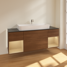 Тумба под раковину Villeroy & Boch Finion 160х50,1 см с подсветкой МДФ шпон грецкого ореха/стекло черное матовое G212PCGN