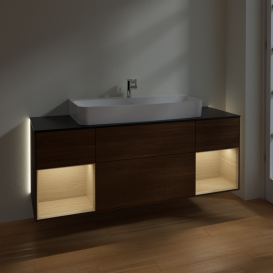 Тумба под раковину Villeroy & Boch Finion 160х50,1 см с подсветкой МДФ шпон грецкого ореха/стекло черное матовое G212PCGN