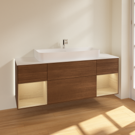 Тумба под раковину Villeroy & Boch Finion 160х50,1 см с подсветкой МДФ шпон грецкого ореха/стекло белое матовое G211PCGN