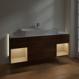 Тумба под раковину Villeroy & Boch Finion 160х50,1 см с подсветкой МДФ шпон грецкого ореха/стекло белое матовое G211PCGN