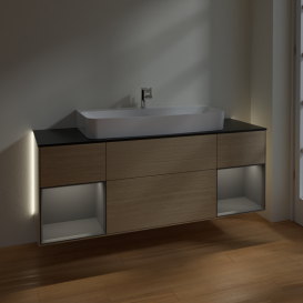 Тумба под раковину Villeroy & Boch Finion 160х50,1 см с подсветкой МДФ шпон дуба/стекло черное матовое G212GKPC