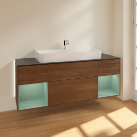 Тумба під раковину Villeroy & Boch Finion 160х50,1 см із підсвічуванням МДФ шпон волоського горіха/скло чорне матове G212GMGN