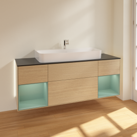 Тумба под раковину Villeroy & Boch Finion 160х50,1 см с подсветкой МДФ шпон дуба/стекло черное матовое G212GMPC