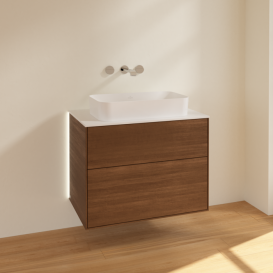 Тумба под раковину Villeroy & Boch Finion 80х50,1 см с подсветкой МДФ шпон грецкого ореха/стекло белое матовое G63100GN