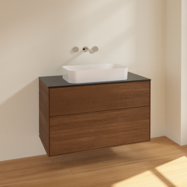 Тумба под раковину Villeroy & Boch Finion 100х50,1 см МДФ шпон грецкого ореха/стекло черное матовое F64200GN