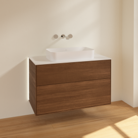 Тумба под раковину Villeroy & Boch Finion 100х50,1 см с подсветкой МДФ шпон грецкого ореха/стекло белое матовое G64100GN