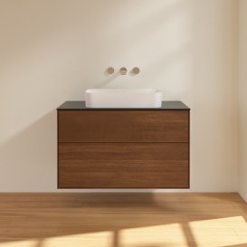 Тумба под раковину Villeroy & Boch Finion 100х50,1 см с подсветкой ДСП шпон грецкого ореха/стекло черное матовое G64200GN