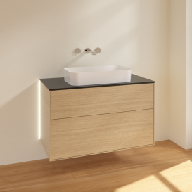 Тумба под раковину Villeroy & Boch Finion 100х50,1 см с подсветкой МДФ шпон дуба/стекло черное матовое G64200PC