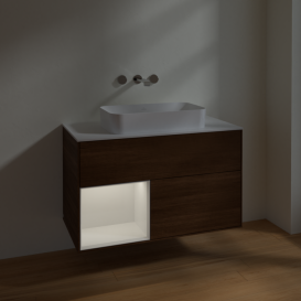 Тумба под раковину Villeroy & Boch Finion 100х50,1 см с подсветкой МДФ шпон грецкого ореха/стекло белое матовое F651GFGN