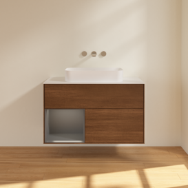 Тумба под раковину Villeroy & Boch Finion 100х50,1 см с подсветкой МДФ шпон грецкого ореха/стекло белое матовое F651GKGN