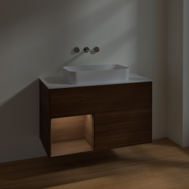 Тумба под раковину Villeroy & Boch Finion 100х50,1 см с подсветкой МДФ шпон грецкого ореха/стекло белое матовое F651GNGN